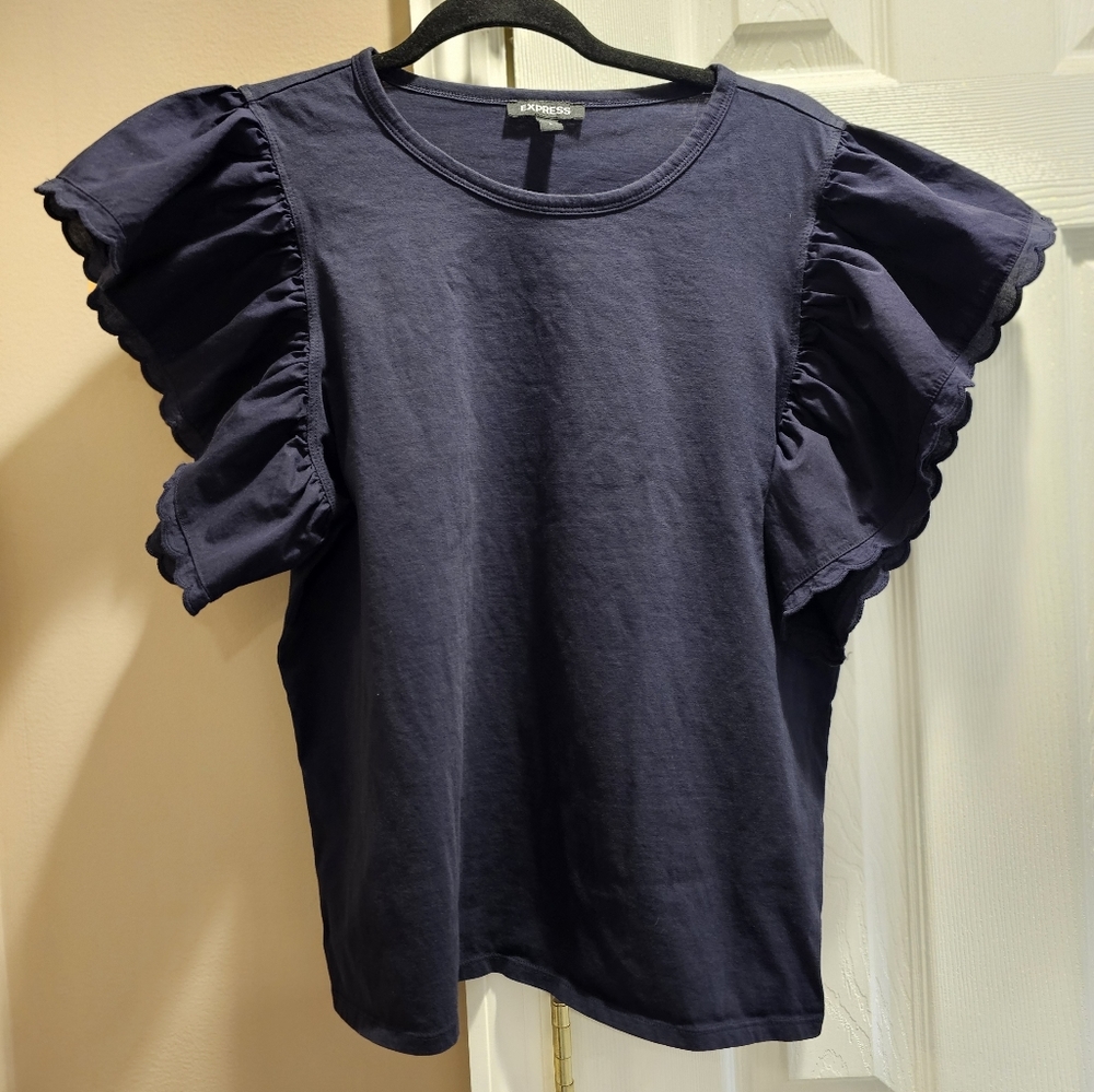 EXPRESS Ruffle Sleeve Crew Neck Tee SIZE L COLOR NAVY Pre-Owned